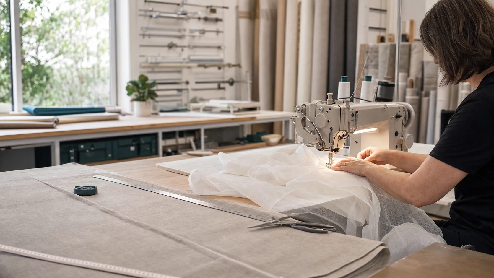 Custom curtain fabric being sewn for made-to-measure window furnishings