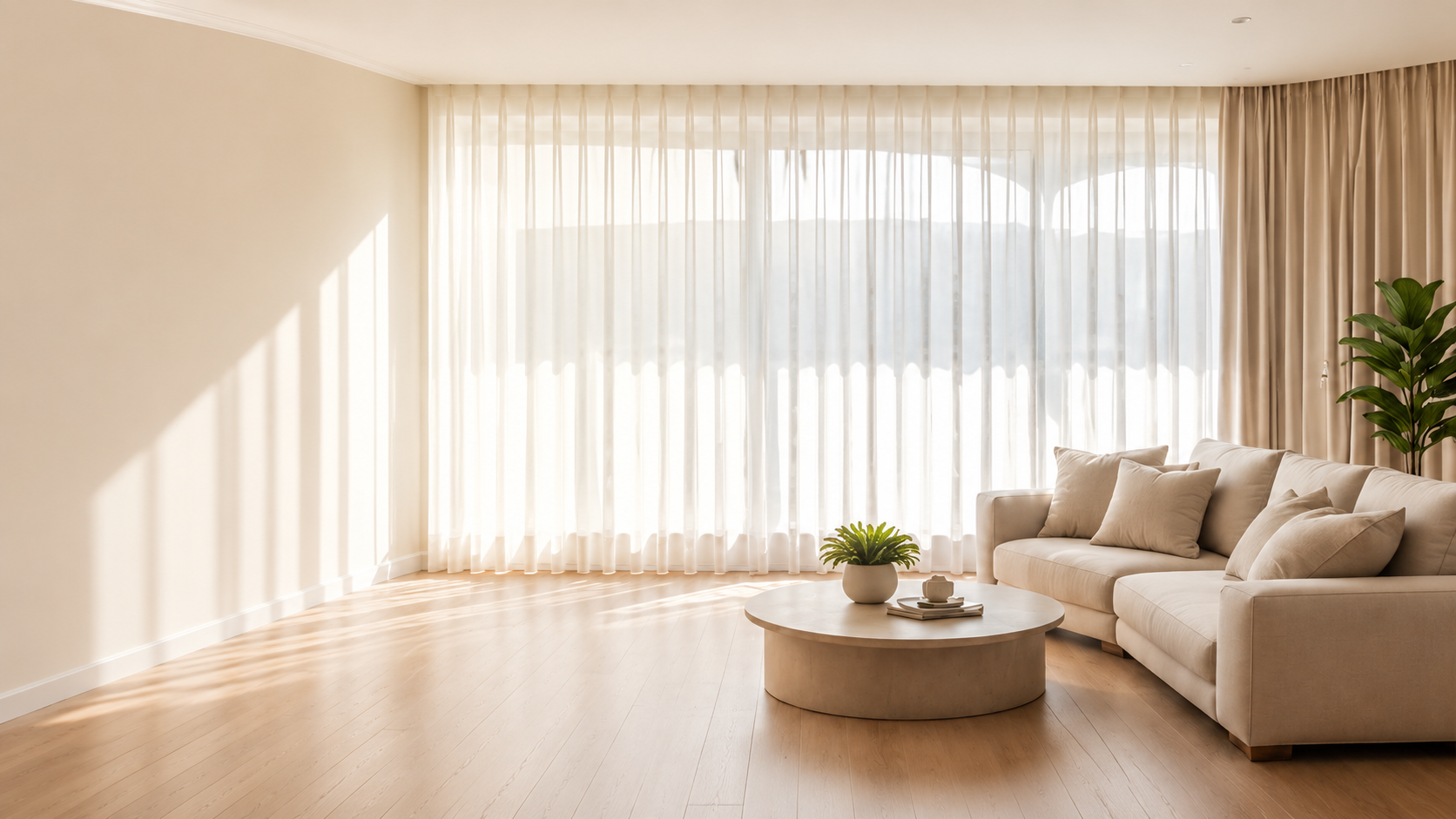 Bright Brisbane living room with sheer curtains, beige sofa and warm timber flooring