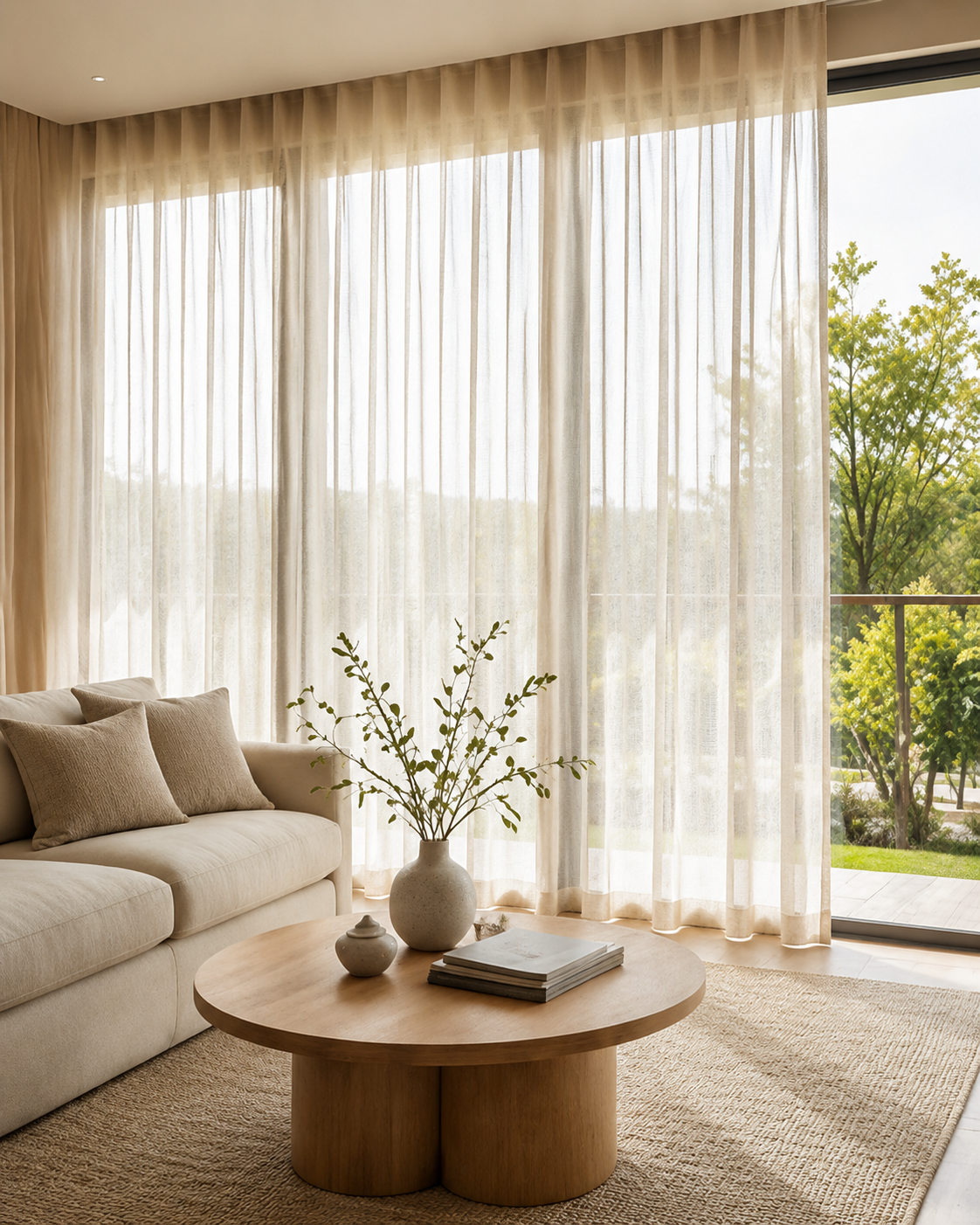 Bright living room with full-height linen-look sheer curtains softly filtering daylight
