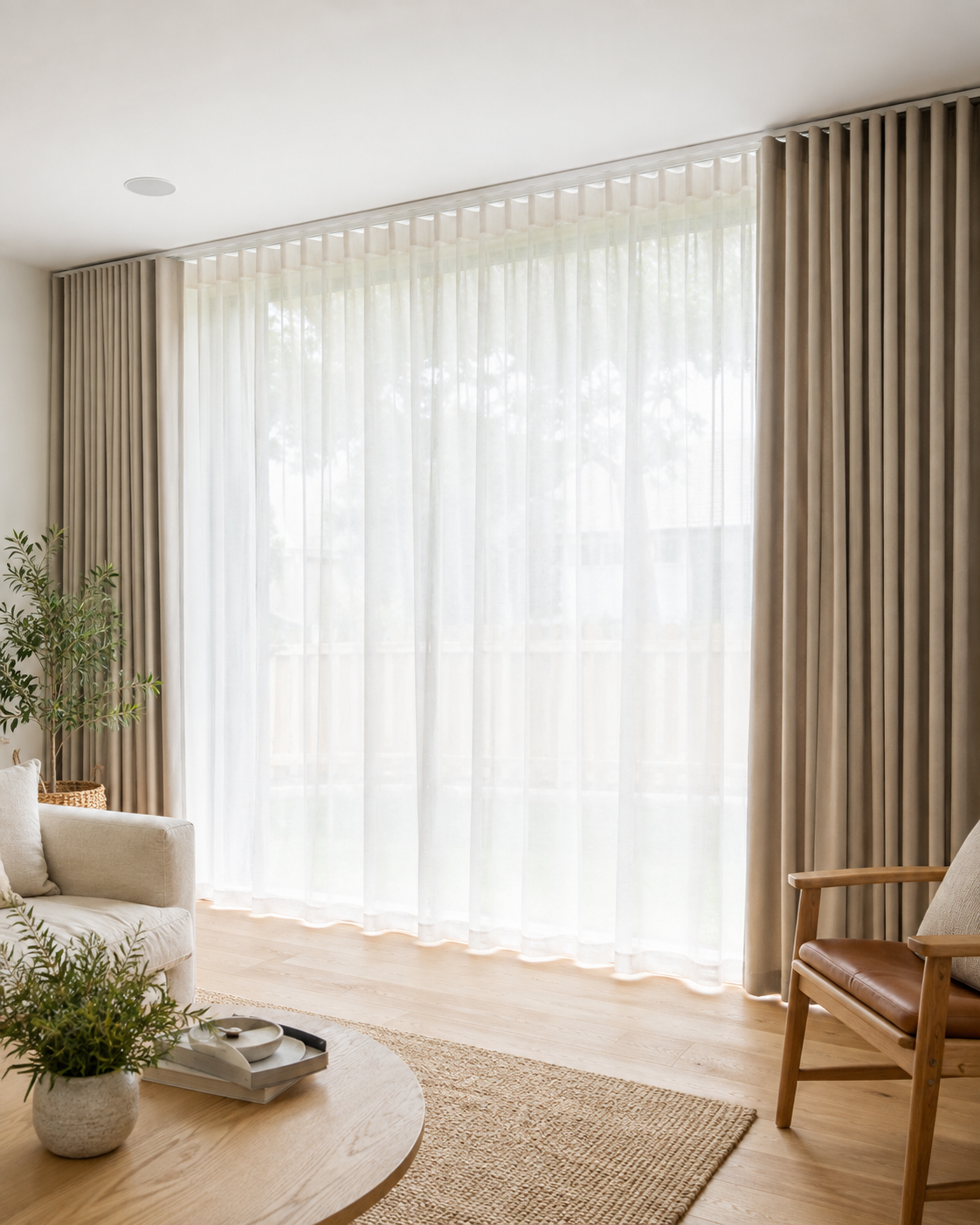 Dual-track sheer curtains in front of blockout curtains in a living room