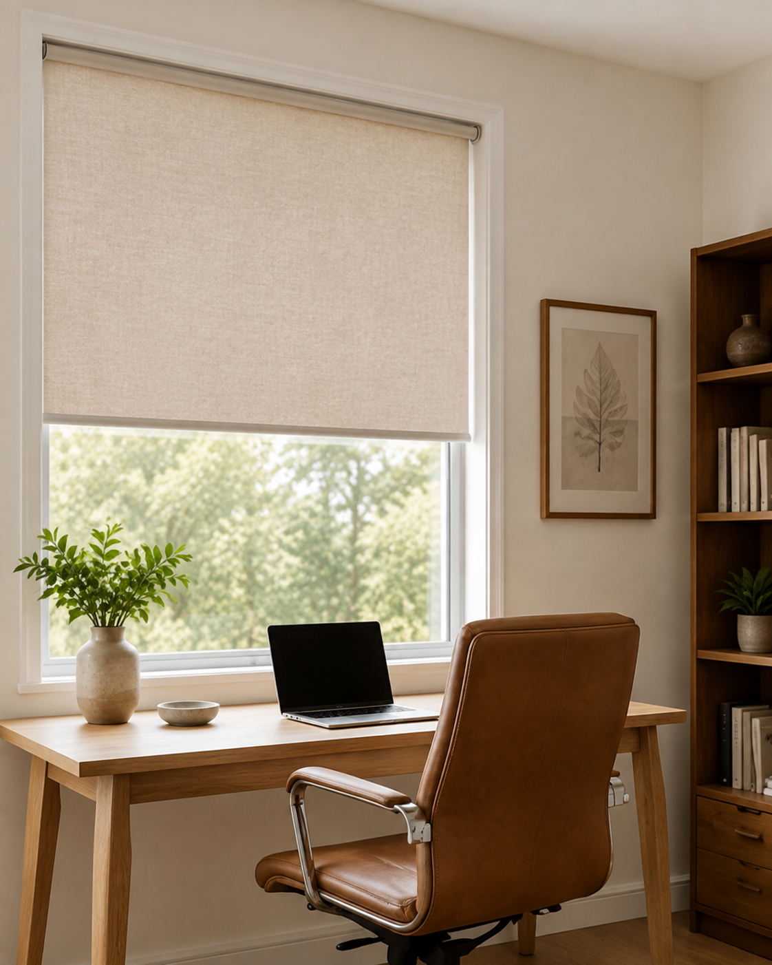 Home office window with a linen-look textured roller blind partly lowered over the glass