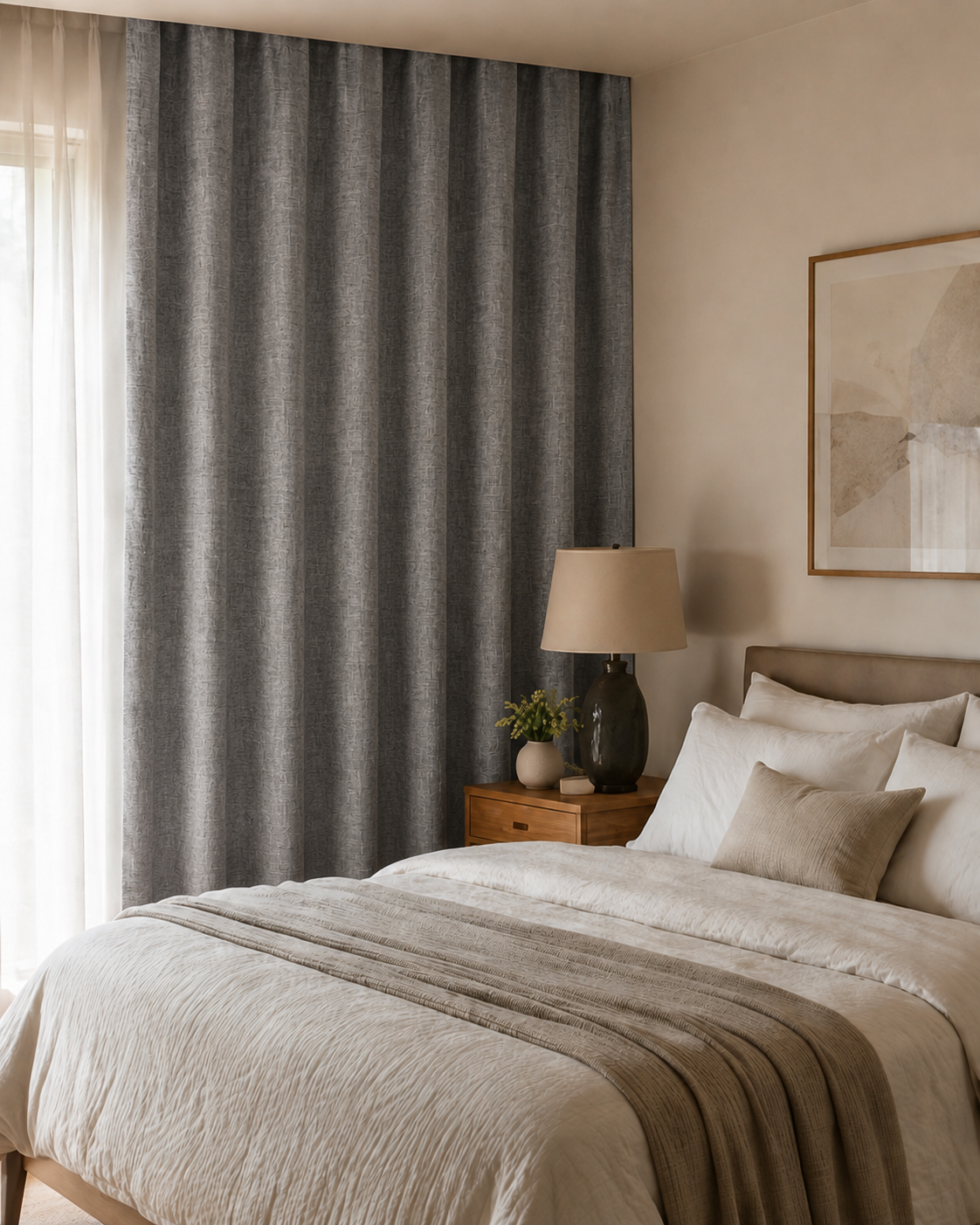 Bedroom with full-height linen-look blockout curtains in a soft grey tone