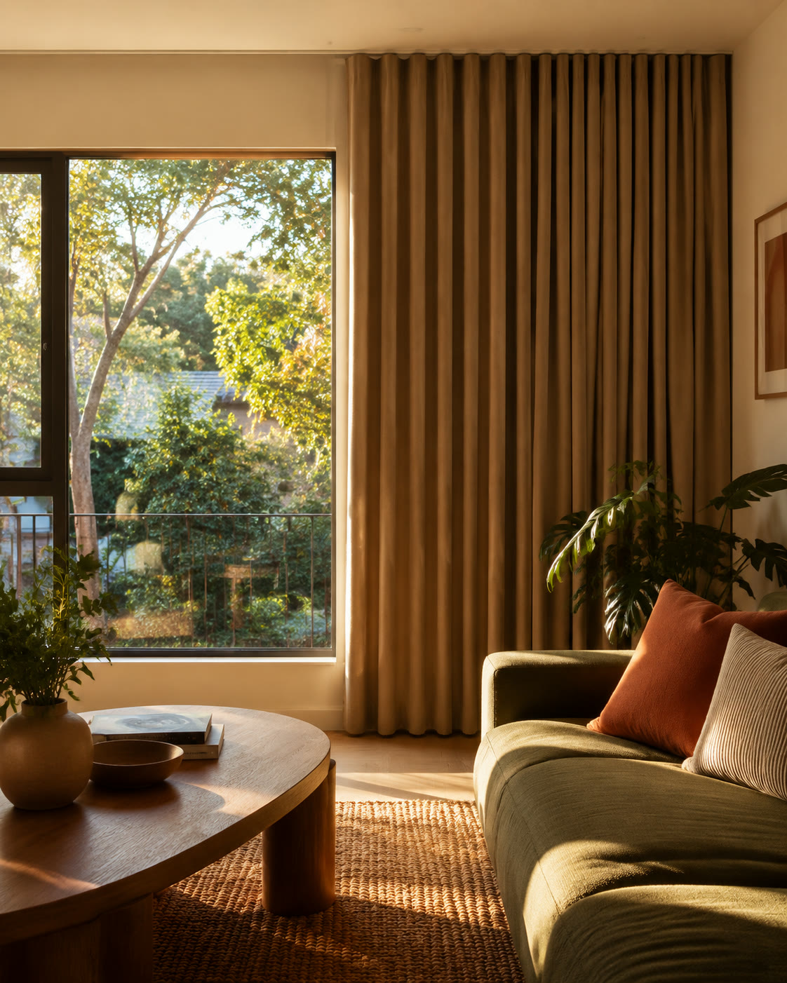 Caramel blockout curtains stacked to one side in a warm west-facing living room