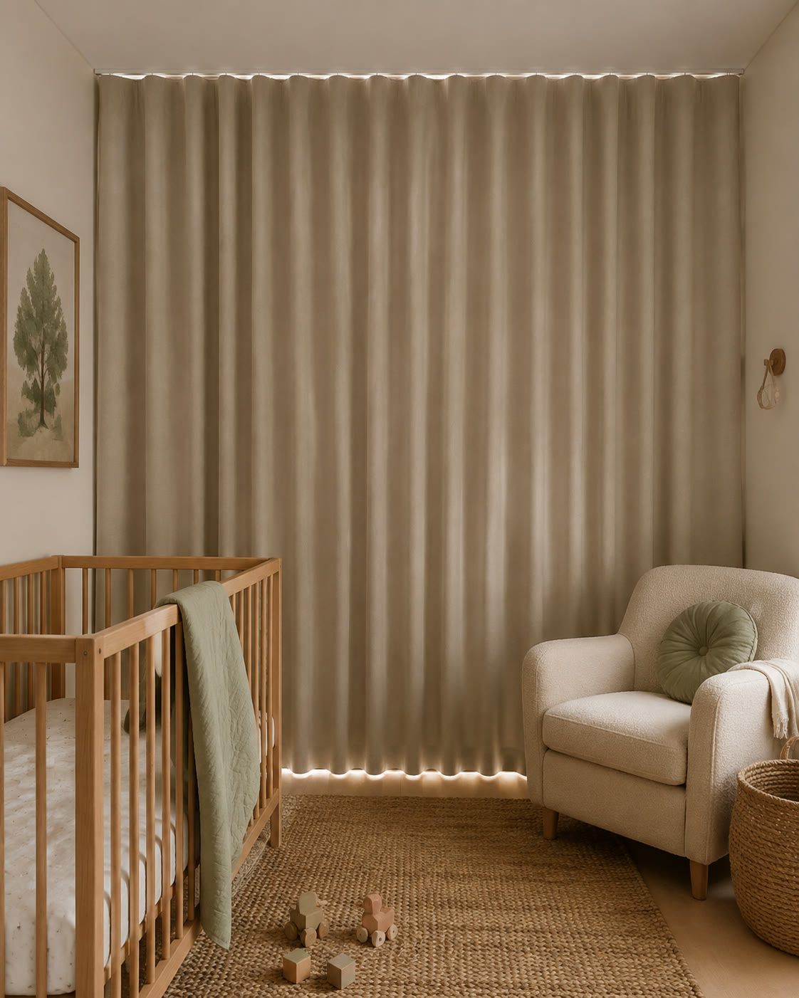 Closed oatmeal blockout S-fold curtains in a calm nursery