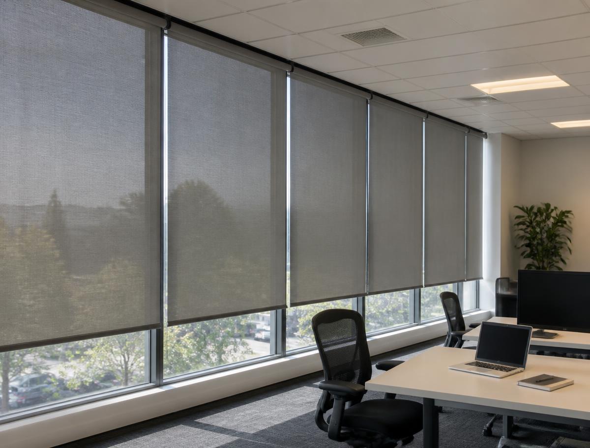 Sunscreen roller blinds across a run of office windows