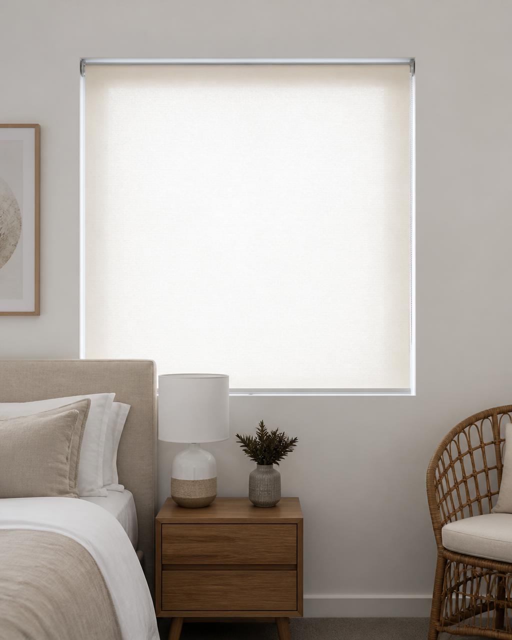 Light-filtering roller blind lowered in a bright neutral room with a soft even glow