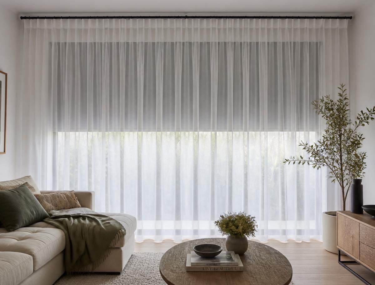 Sheer curtain layered in front of a lowered roller blind